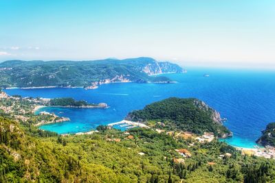 High angle view of beach against blue sky