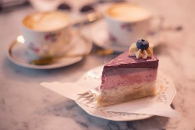 Close-up of cake in plate on table