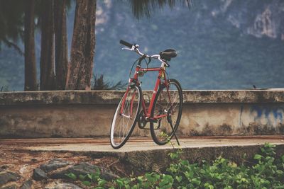 Bicycle leaning against wall