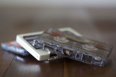 High angle view of cassettes on table