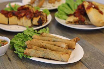 High angle view of food served on table