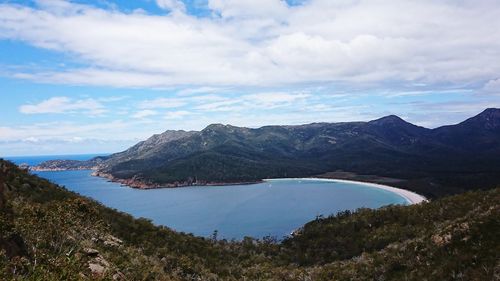 Scenic view of lake and mountains against sky