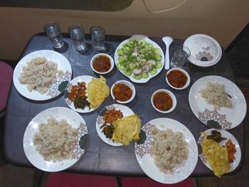 High angle view of meal served on table