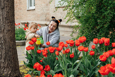 Spring gardening. senior woman grandmother and little toddler girl granddaughter watering tulips