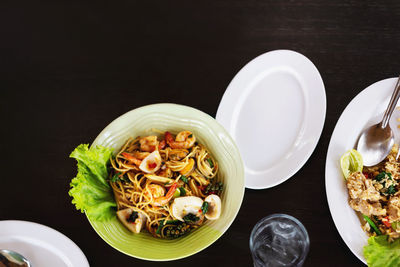 High angle view of meal served on table