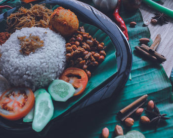 High angle view of food in plate on table