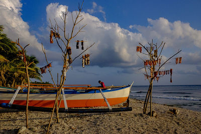 Boats moored on shore against sky