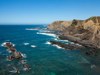 Scenic view of sea against clear blue sky