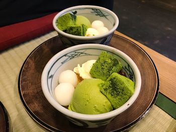 High angle view of vegetables in bowl on table