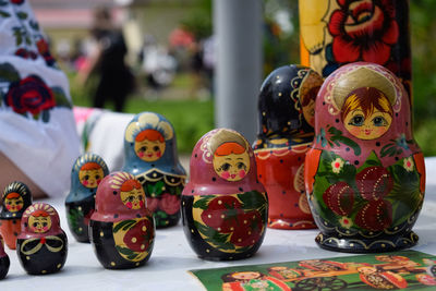 Close-up of toys on table at market