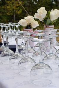 Close-up of wineglasses on table