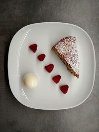 High angle view of dessert in plate on table