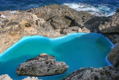 High angle view of rock formation in sea