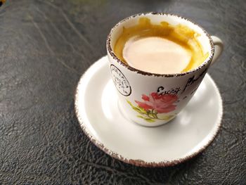 High angle view of cappuccino served on table