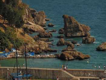 High angle view of rocks on beach