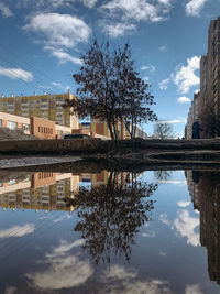 Reflection of trees and buildings in lake against sky