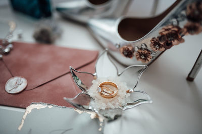 High angle view of paper in plate on table