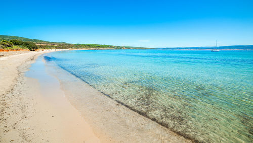 Scenic view of beach against clear blue sky