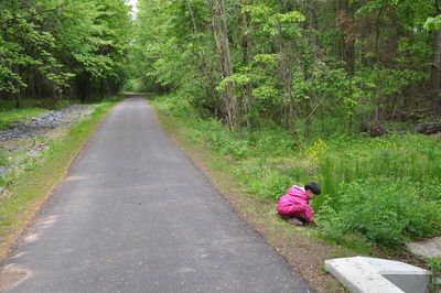 Side view of girl on road amidst trees