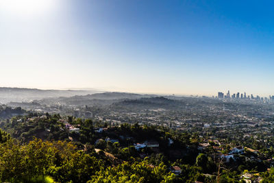 High angle view of buildings against clear sky