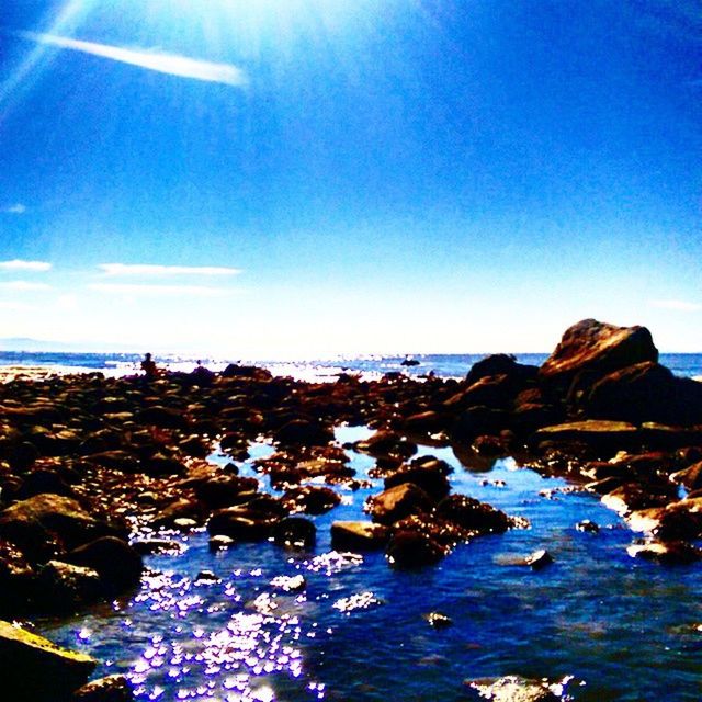 sea, water, blue, horizon over water, scenics, tranquil scene, beauty in nature, tranquility, rock - object, nature, beach, sky, rock formation, sunlight, idyllic, clear sky, shore, rock, seascape, cliff