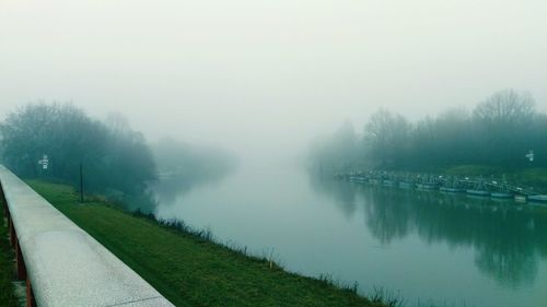 Scenic view of lake in foggy weather