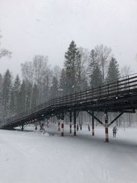 Bridge over snow covered land against sky