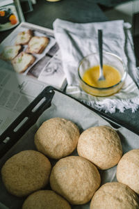 High angle view of breakfast on table