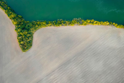 Aerial view of lake and agricultural ploughed field in summer