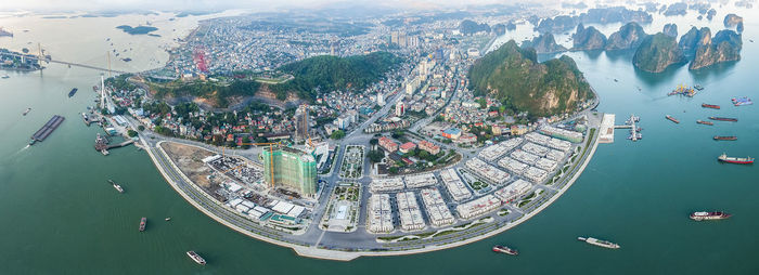 High angle view of boats in sea