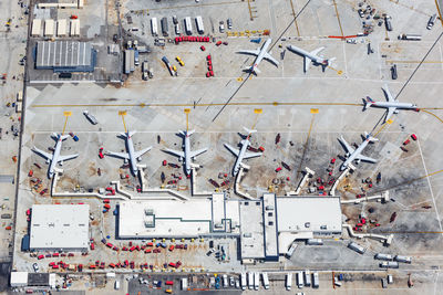 High angle view of airplane in city