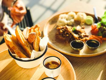 Close-up of food served on table