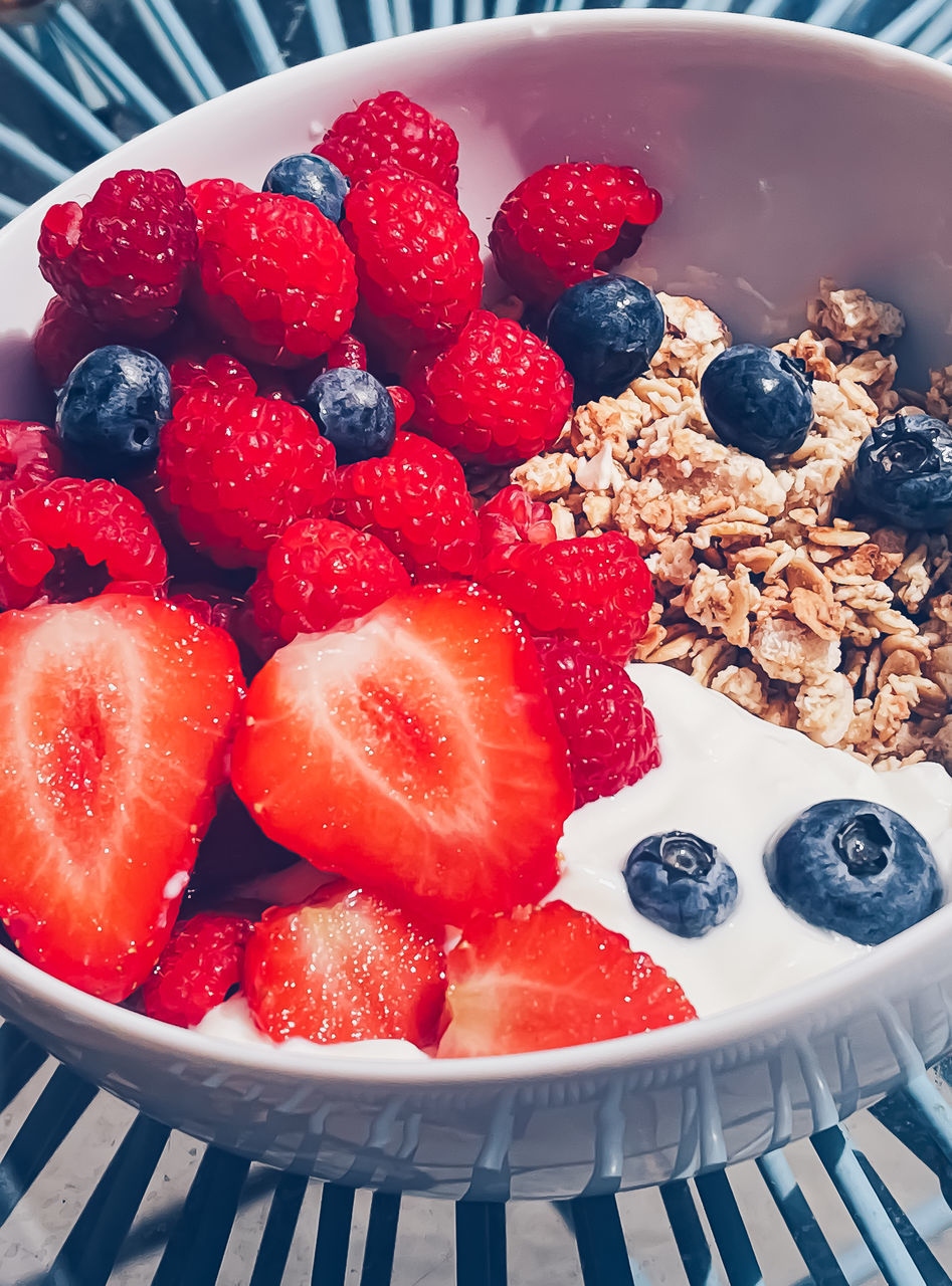 fruit, berry, healthy eating, food, food and drink, wellbeing, plant, freshness, strawberry, meal, berries, blueberry, breakfast, produce, dessert, no people, red, raspberry, bowl, high angle view, indoors, dish, sweet food, close-up, still life