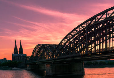 Hohenzollern bridge over rhine river against sky during sunset