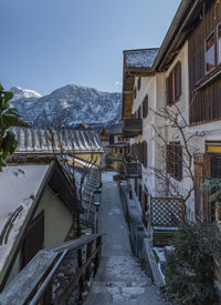 Houses by snowcapped mountains against sky