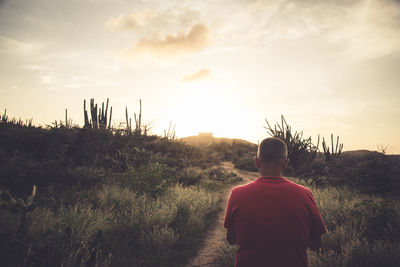 Rear view of mature man standing on field against sky during sunset