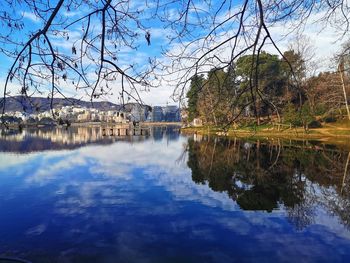 Scenic view of lake by trees against sky