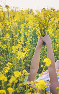 Cropped hand of woman holding yellow flowers