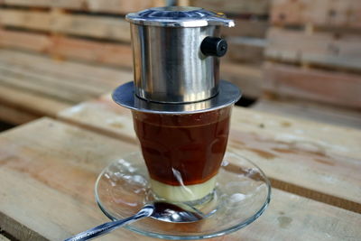 Close-up of coffee cup on table