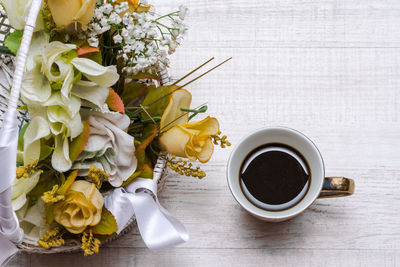 High angle view of coffee on table