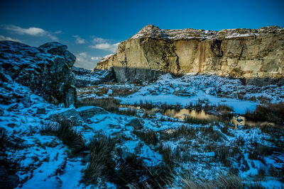 Scenic view of snow covered mountains against blue sky