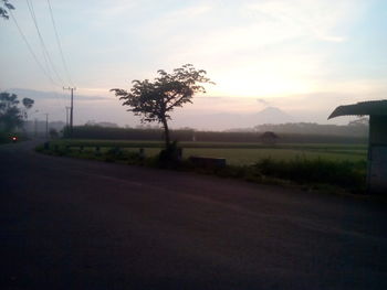 Road by trees against sky during sunset