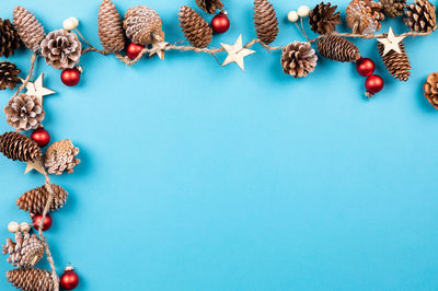 High angle view of fruits against blue background