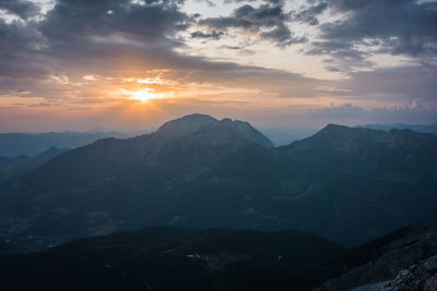 Scenic view of mountains against sky during sunset