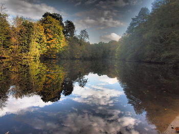 Reflection of trees in lake against sky