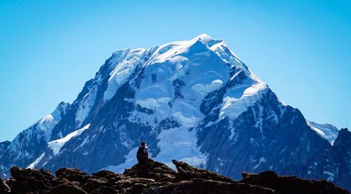 Scenic view of snowcapped mountains against clear blue sky