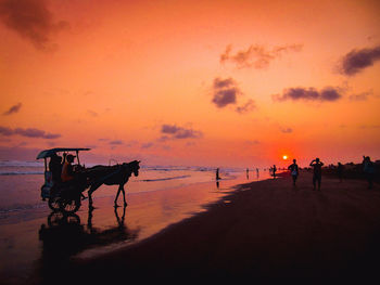 Horse carriage at beach against sky during sunset