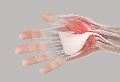 Digital composite image of hand against white background