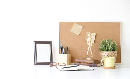 Potted plant on table against white background