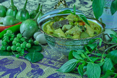 High angle view of fruits in bowl on table